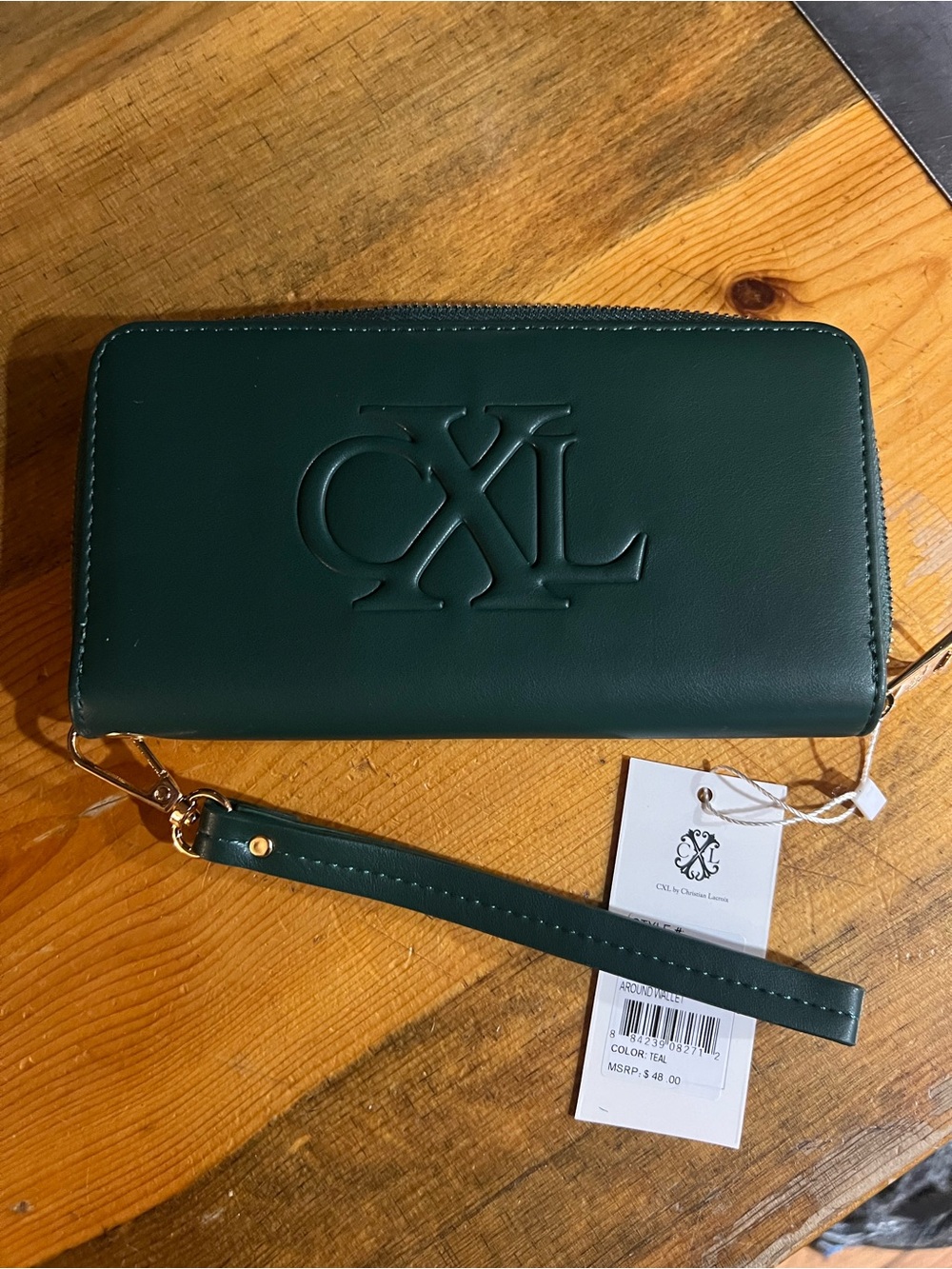 Christian Lacroix Teal Leather w/ Gold Embossed Logo Zip-Around Wristlet